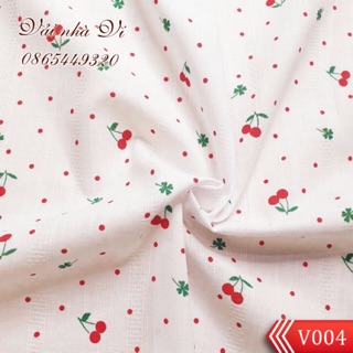 Vải đũi tơ in cherry nền trắng - V004