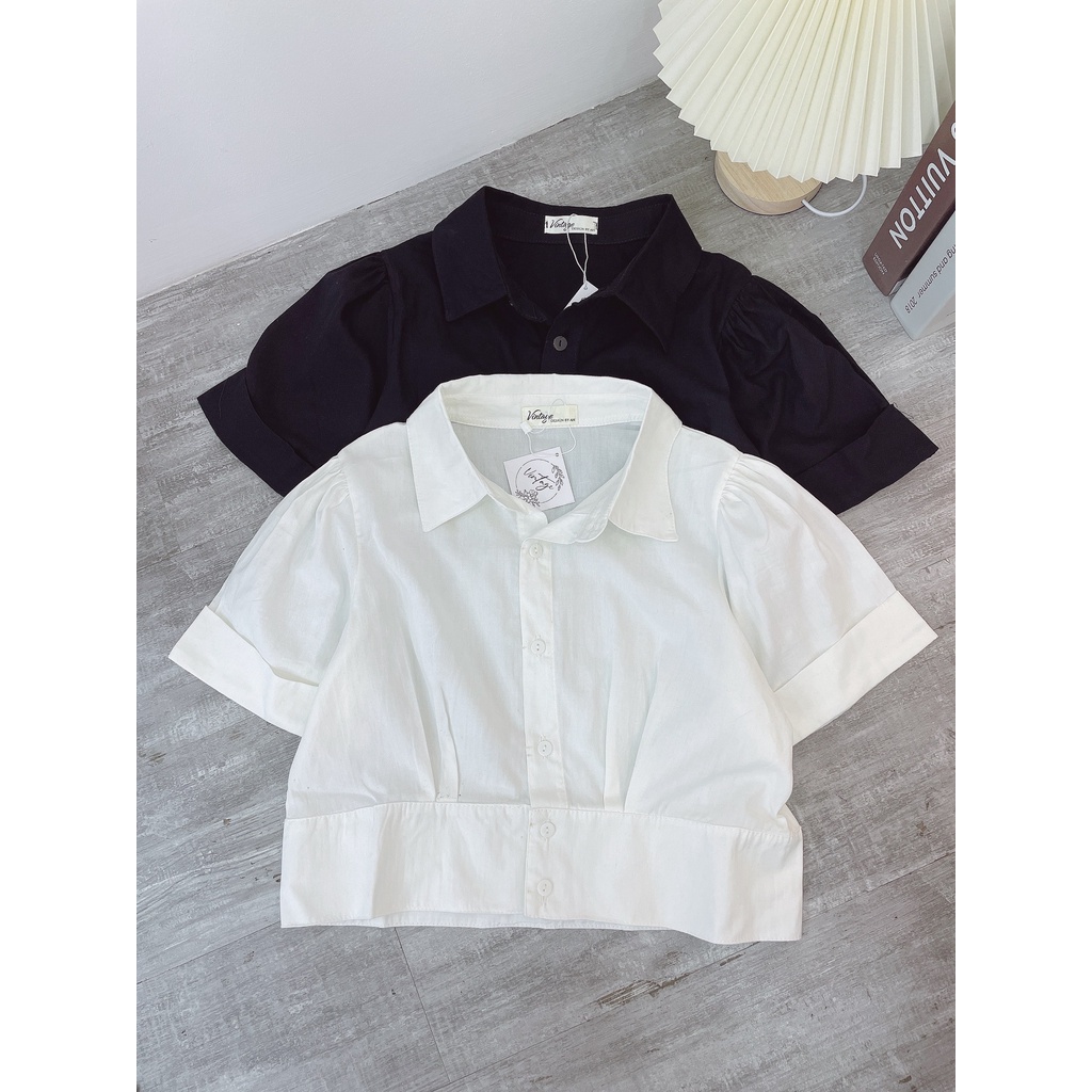 Áo sơ mi thô croptop cài cúc tay bồng Hàn Quốc