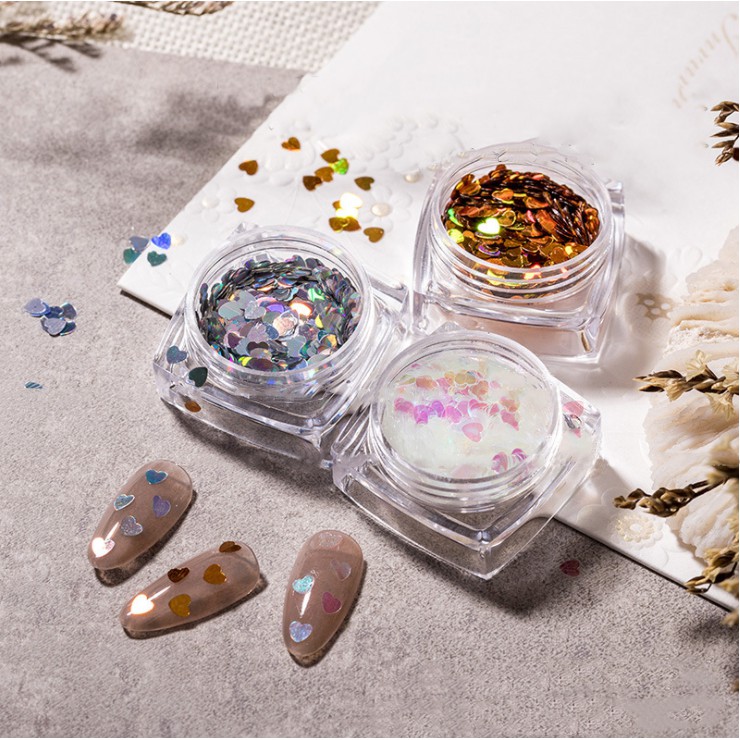Hũ phụ kiện đính móng hình trái tim hologram xinh xắn