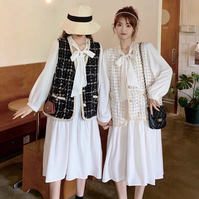 Set váy babydoll trắng cổ nơ và áo gile dạ tweed/ set áo dạ tweed