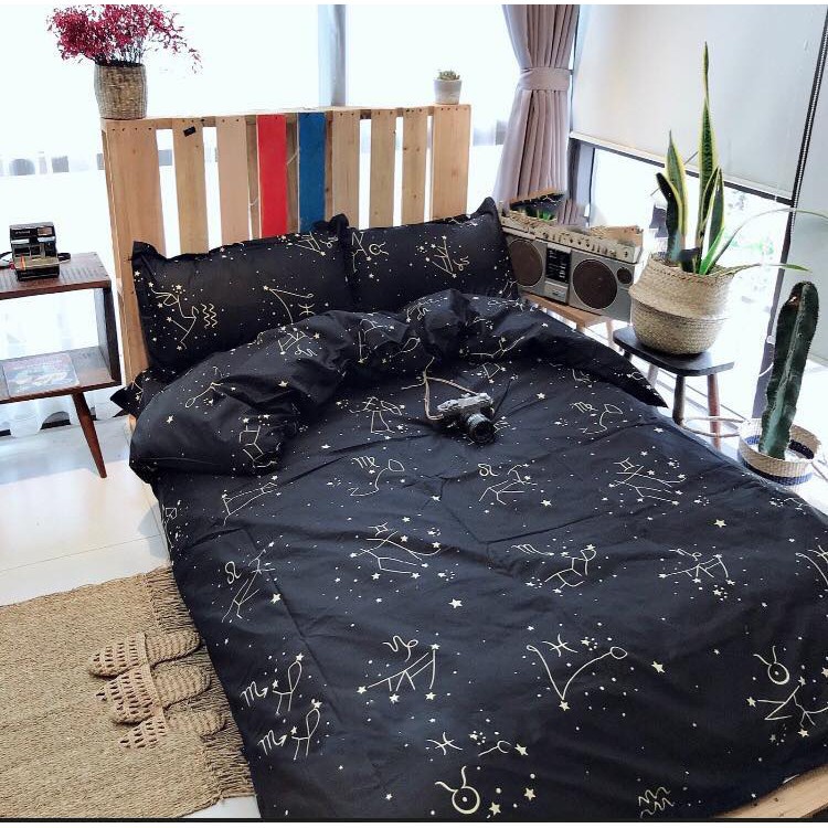 [SALE 4.4]Bộ ga gối bọc đệm m6/m8,drap giường poly, ga trải giường + 2 vỏ gối,mẫu cung hoàng đạo đen