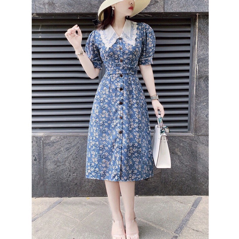 Đầm Hoa Công Sở Akara’s DT227 Cổ Phối Ren Tay Phồng Sang Trọng Full 5 Size | BigBuy360 - bigbuy360.vn