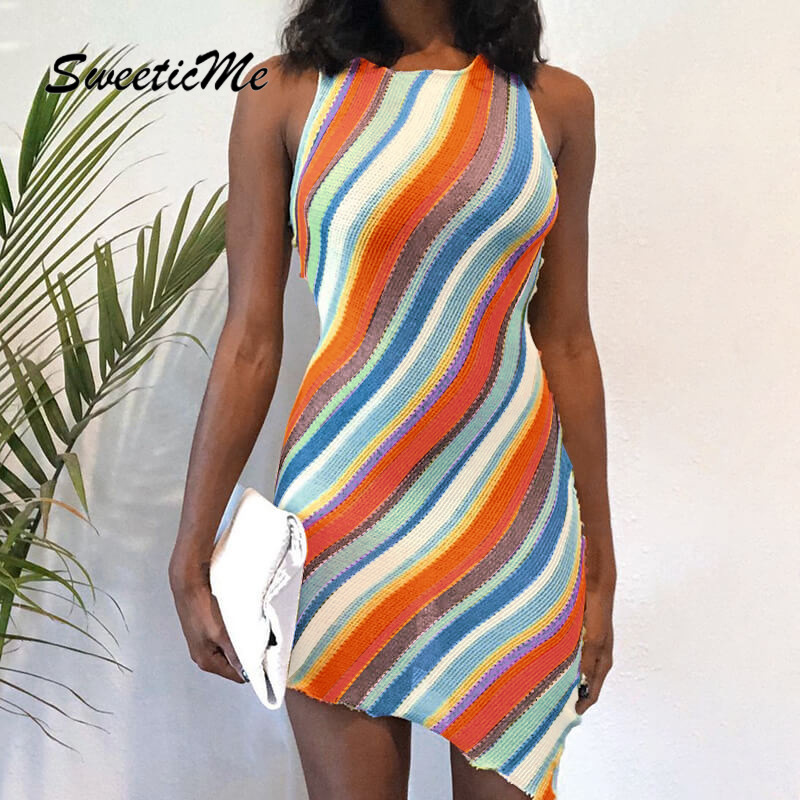 Đầm SweeticMe dáng ôm không tay cổ tròn in sọc mới thời trang 2021 cho nữ | BigBuy360 - bigbuy360.vn