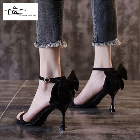 Giày Sandal Cao Gót Hở Ngón Đính Nơ Phong Cách Hàn Quốc Quyến Rũ