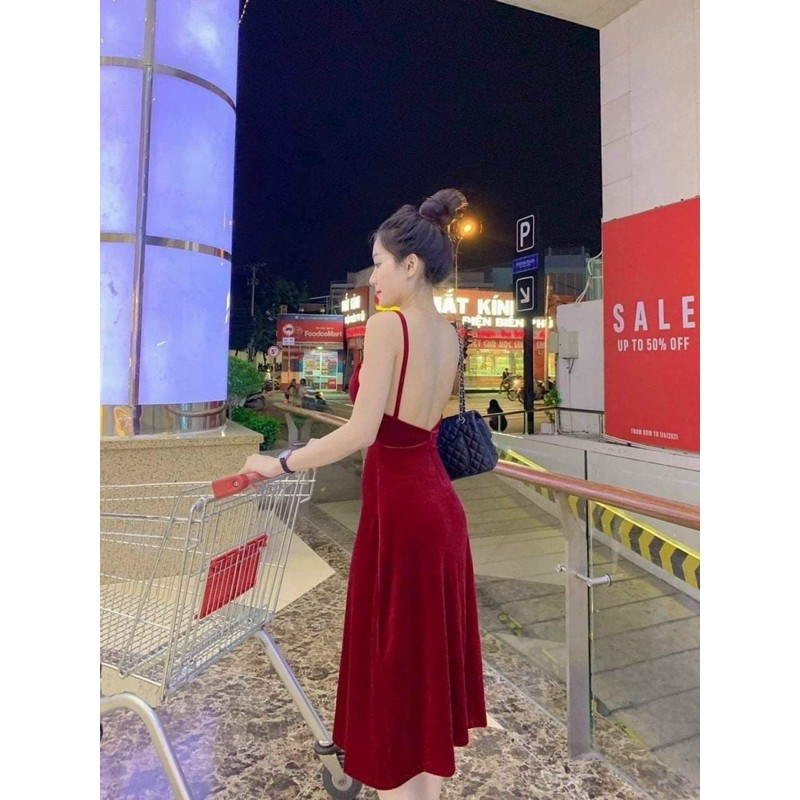 Đầm Nhung 2 dây dài qua gối loại1 có mút ngực. ĐEN-Đỏ | BigBuy360 - bigbuy360.vn