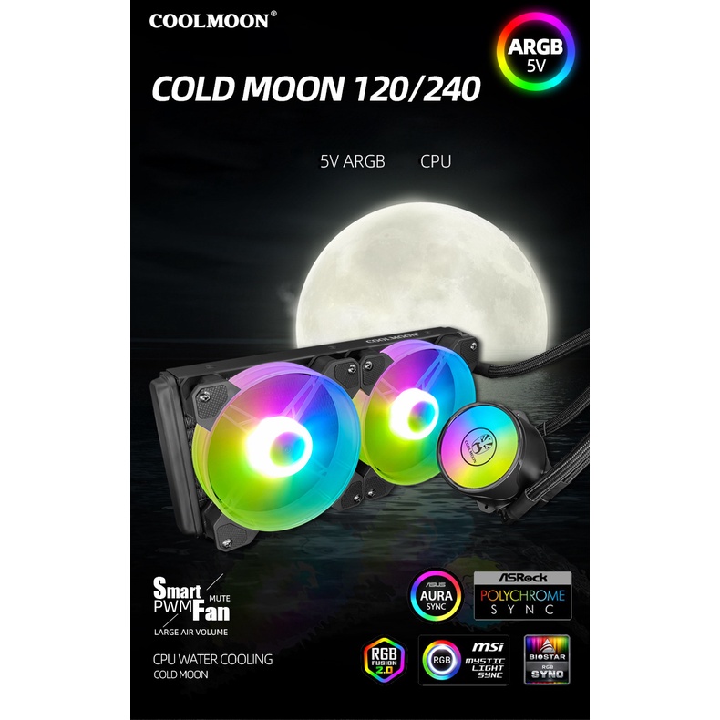 Tản Nhiệt Nước CPU AiO Coolmoon 240mm Hỗ trợ Socket 1700 Led 5v ARGB Đồng Bộ Màu Mainboard, Hub Coolmoon