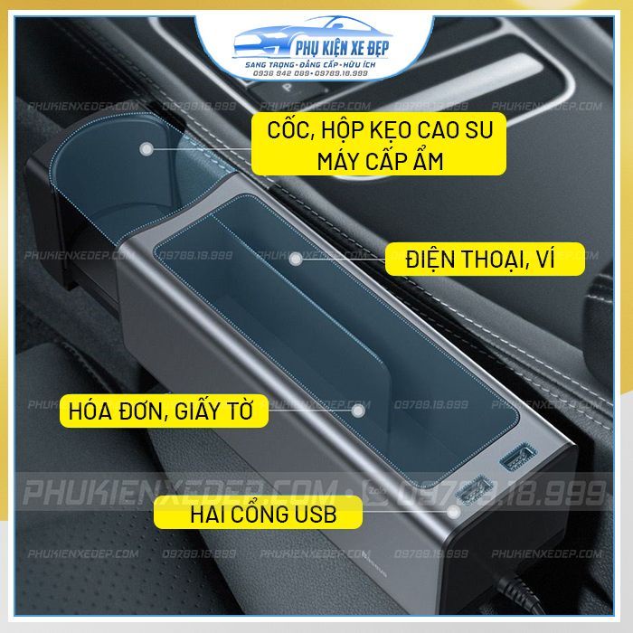 Khay để đồ khe ghế ô tô ⚡FREESHIP⚡Baseus đa năng có sạc USB - khe đề đồ có ổ cắm USB, sạc điện thoại