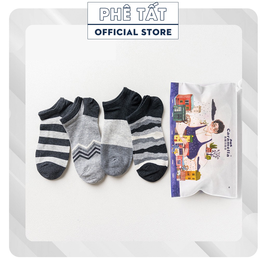 Bộ 4 đôi tất cổ ngắn vớ cổ ngắn cho nam hãng Caramella chất liệu cotton khử mùi kháng khuẩn chống hổi chân CND-01