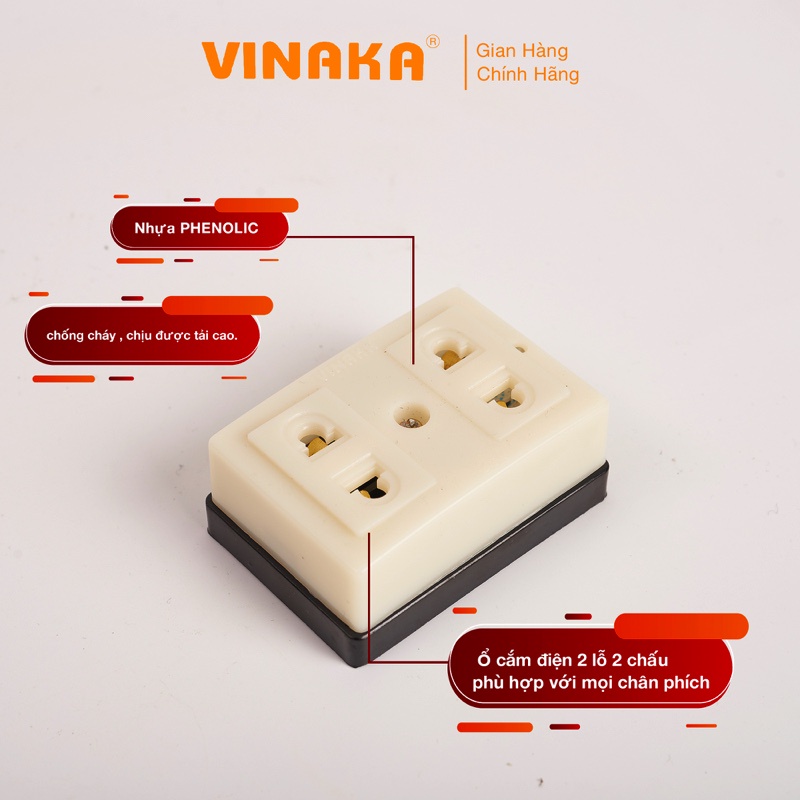 Ổ cắm điện 2 lỗ VINAKA có đèn báo đế nhựa chống cháy A2