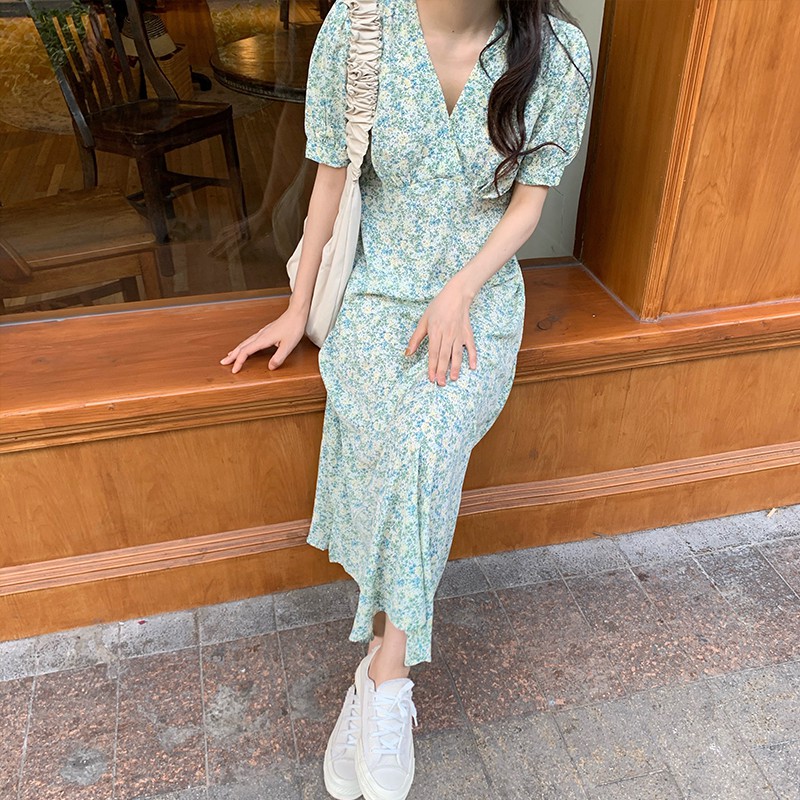 Đầm Maxi Nữ Tay Ngắn Cổ Chữ V Họa Tiết Hoa Phong Cách Hàn Quốc | BigBuy360 - bigbuy360.vn