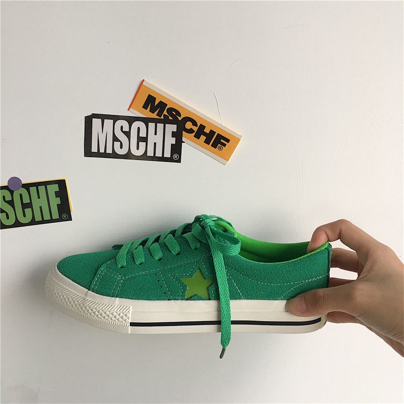 Giày Thể Thao Canvas Màu Xanh Lá Họa Tiết Ngôi Sao Phong Cách Retro Dễ Phối Đồ