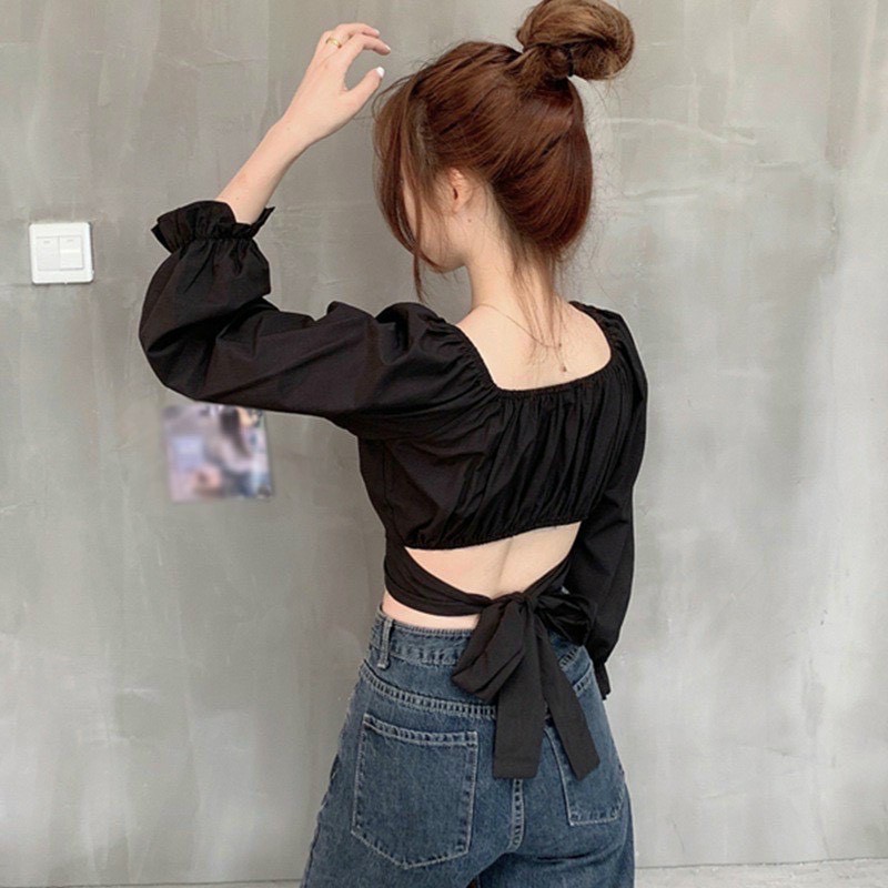 Áo bánh bèo tay phồng cột nơ dễ thương hình thật trải sàn