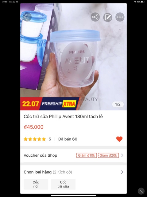 Cốc trữ sữa Philips Avent 180ml tách lẻ