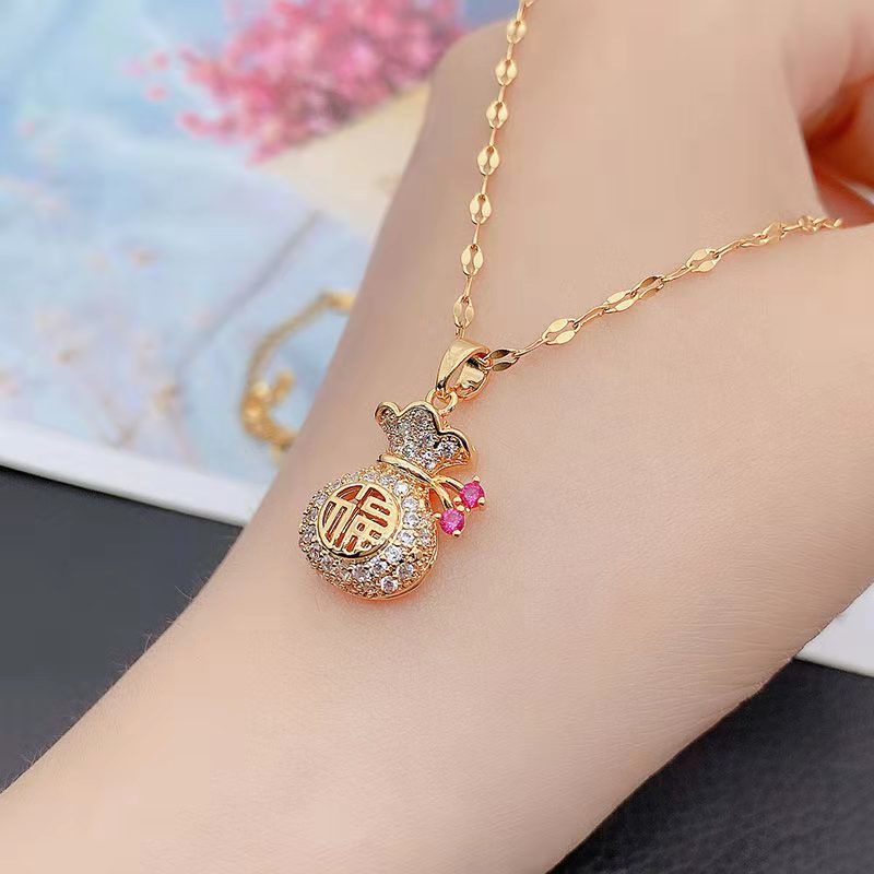 dây chuyền nữ 100% TITAN - KHÔNG GỈ - KHÔNG PHAI MÀU 18k vàng kim cương may mắn Trung Quốc &quot;Fu&quot; Túi tiền mặt vòng cổ