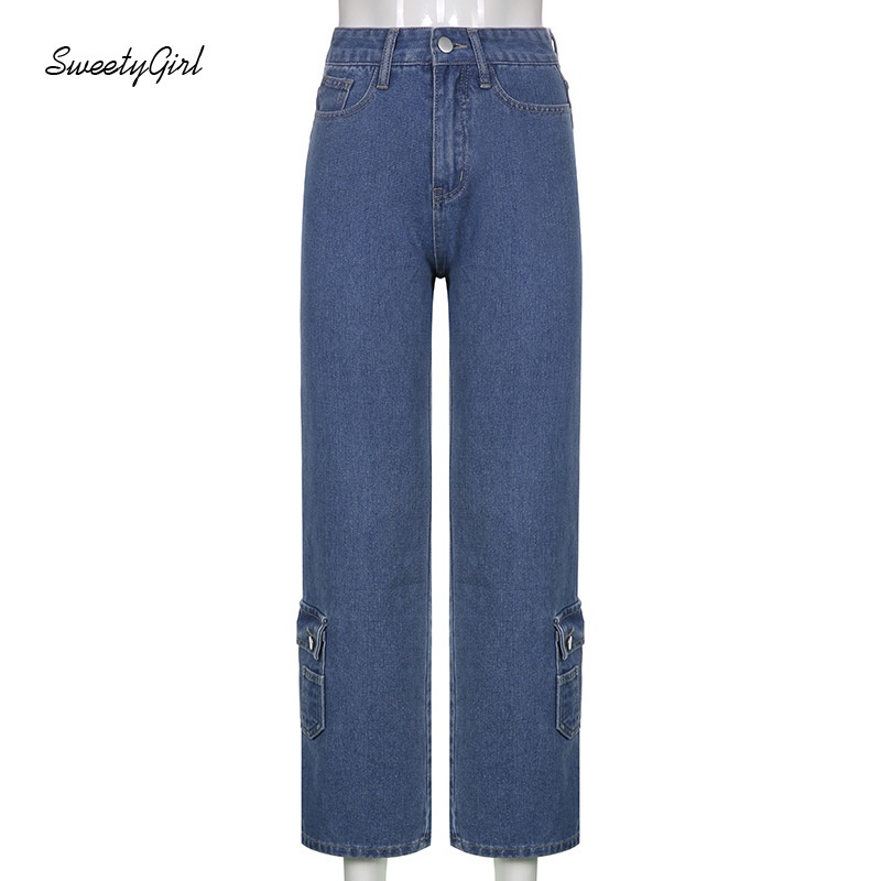 Quần Jeans Dài Lưng Cao Ống Đứng Có Túi Thời Trang Cho Nữ