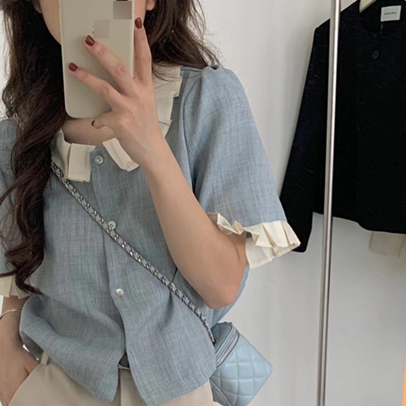 IELGY    Áo Sơ Mi Tay Ngắn Màu Xanh Dương Phong Cách Hàn Quốc Cho Nữ