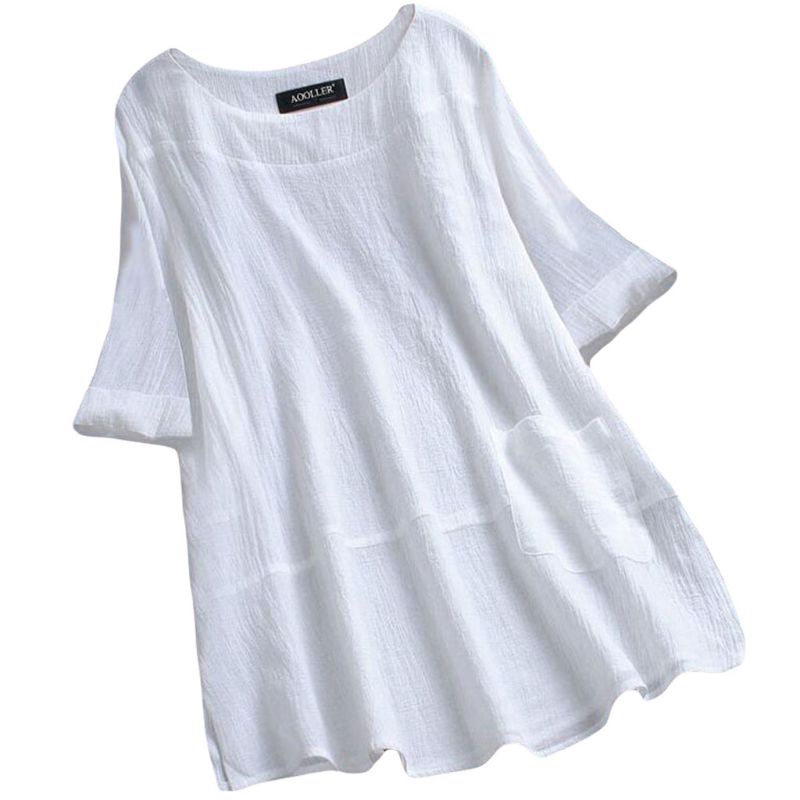 Áo Kiểu Vải Lanh Cotton Dáng Rộng Cổ Tròn Màu Trơn Phối Túi Trước Thời Trang Mùa Hè Cho Nữ