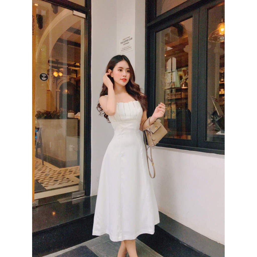 [mẫu mới] [vải xịn] Đầm nữ 2 dây xòe xếp li trắng dự tiệc, dạo phố cực dễ thương