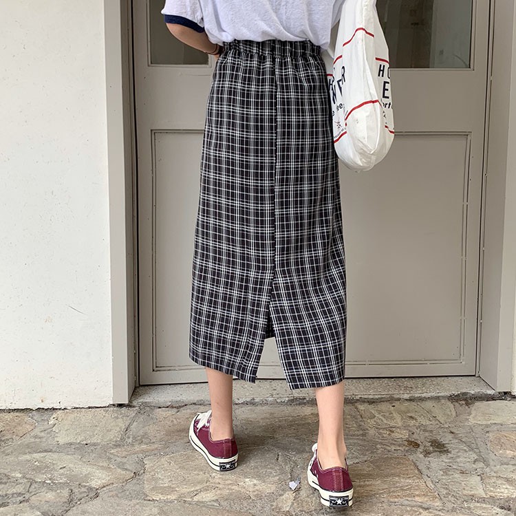 SUXI Chân Váy Chữ A Lưng Cao Họa Tiết Kẻ Sọc Phong Cách Hàn Quốc