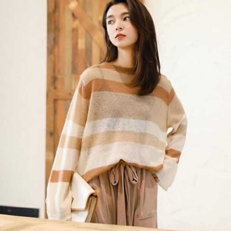 Áo Sweater Tay Dài Cổ Tròn Họa Tiết Kẻ Sọc Phong Cách Hàn Quốc