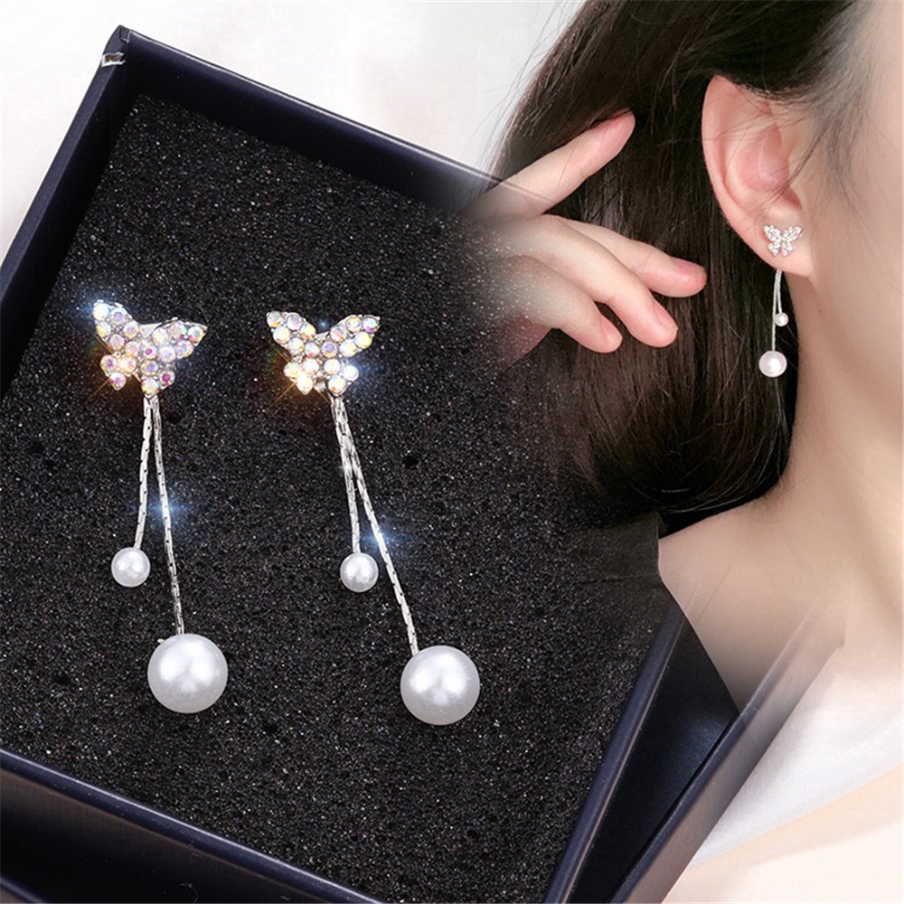 Hoa tai dáng dài đính ngọc trai trang trí hình cánh bướm xinh xắn