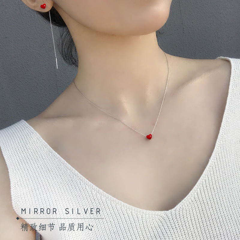 Vòng Cổ Choker Mạ Bạc 925 Mặt Trái Tim Màu Đỏ Dễ Thương Ngọt Ngào Cho Nữ