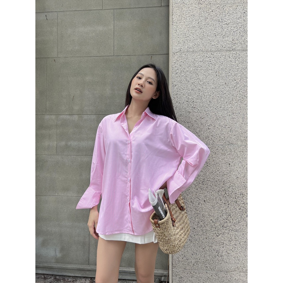 YU CHERRY | Áo sơmi basic kẻ sọc nhỏ, Striped Cotton Shirt YA402