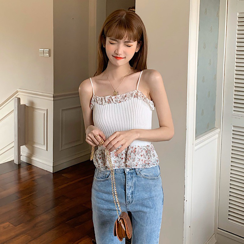 Áo dệt kim 2 dây in hoa xinh xắn cho nữ