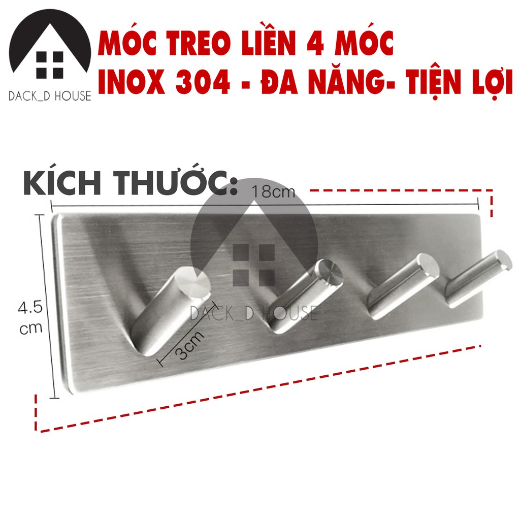 Móc treo quần áo inox Dack D Hous 4 chấu, inox 304 không rỉ sét, kèm keo 3M dán tiện lợi, gia dụng cao cấp