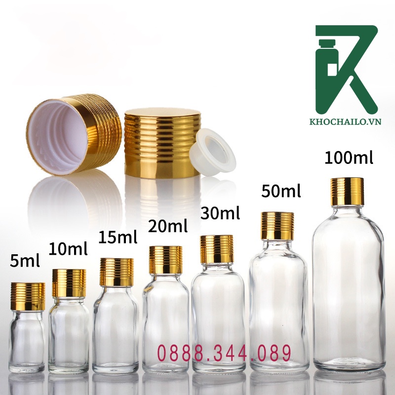 Chai thủy tinh  trắng trong nắp vặn xoáy vàng 5ml,10ml,15ml,20ml,30ml,50ml,100ml