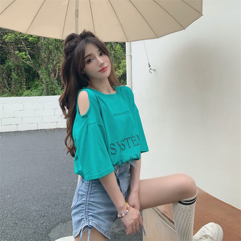 Áo Thun Nữ Ngắn Tay In Chữ Khoét Lỗ Thời Trang Mới