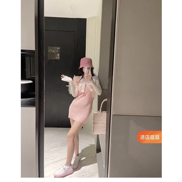 set váy yếm len nơ kèm khoác mỏng (2028#)