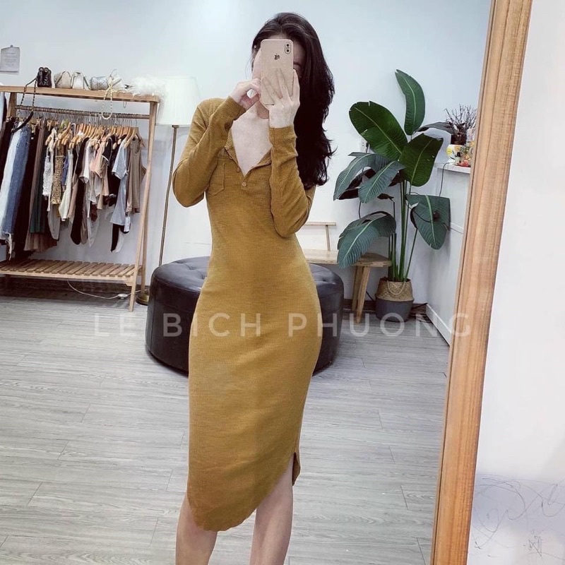 VN846- Váy Tăm Cổ Khuy Vạt Tròn