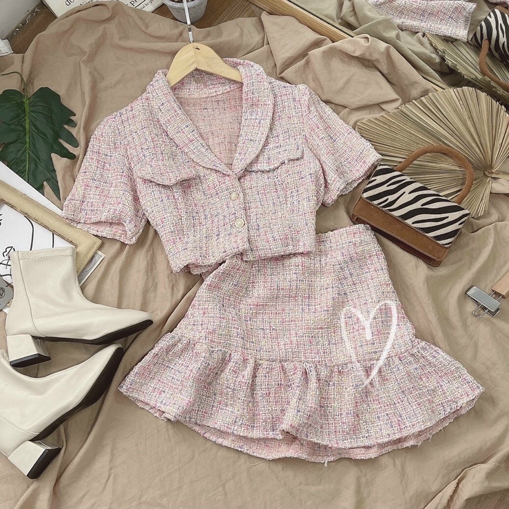 SET BỐ HỒNG CROPTOP CỔ SEN + CHÂN VÁY ĐUÔI CÁ MINI