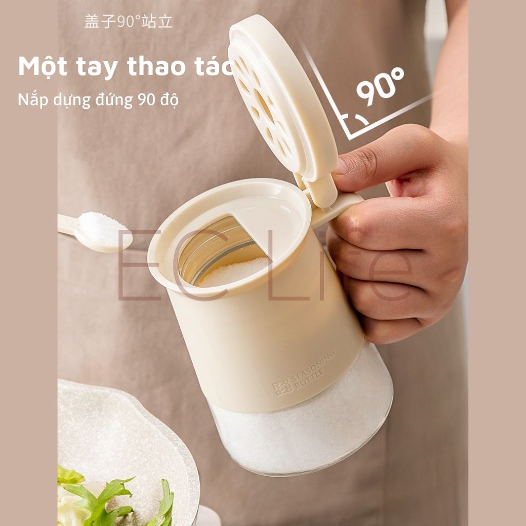 Hũ đựng gia vị bằng thủy tinh cao cấp dung tích 350ml màu trắng kèm muỗng có gói hút ẩm EC Life 0106