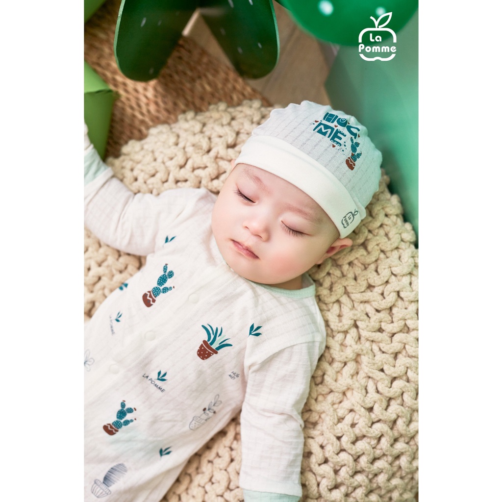 [CHÍNH HÃNG] Set bao tay bao chân bo ống, mũ và yếm xương rồng trắng/mint La Pomme