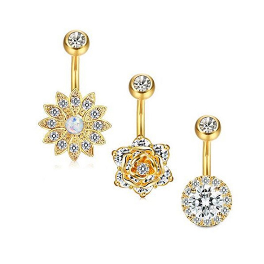 Set 3 Khuyên Rốn Hình Hoa Đính Đá Nhân Tạo Thời Trang