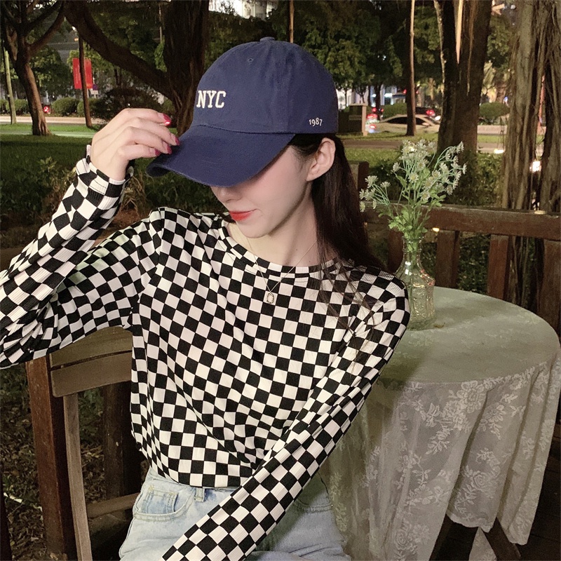 【ZHELIHANGFEI】Áo Thun Tay Dài Cổ Tròn Họa Tiết Sọc Caro Thời Trang