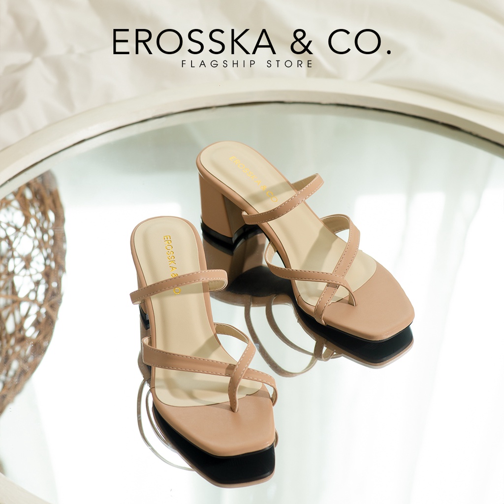 [Mã WABRTL3 -10% đơn 250K]Giày sandal cao gót Erosska mũi vuông quai ngang phối dây cao 5cm màu bò - EM080