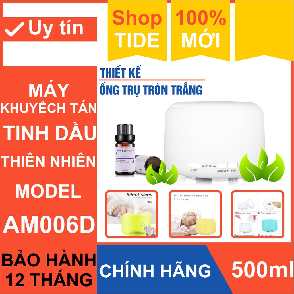 Thiết bị khuếch tán tinh dầu Aroma AM006D – Thiết kế ống trụ tròn trắng – Dung tích 400ml - Led 7 màu – Bảo hành 1 năm