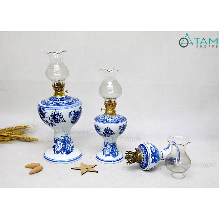 [HÀNG CAO CẤP] Đèn dầu cổ Việt Nam xưa gốm họa tiết Long Phụng xanh