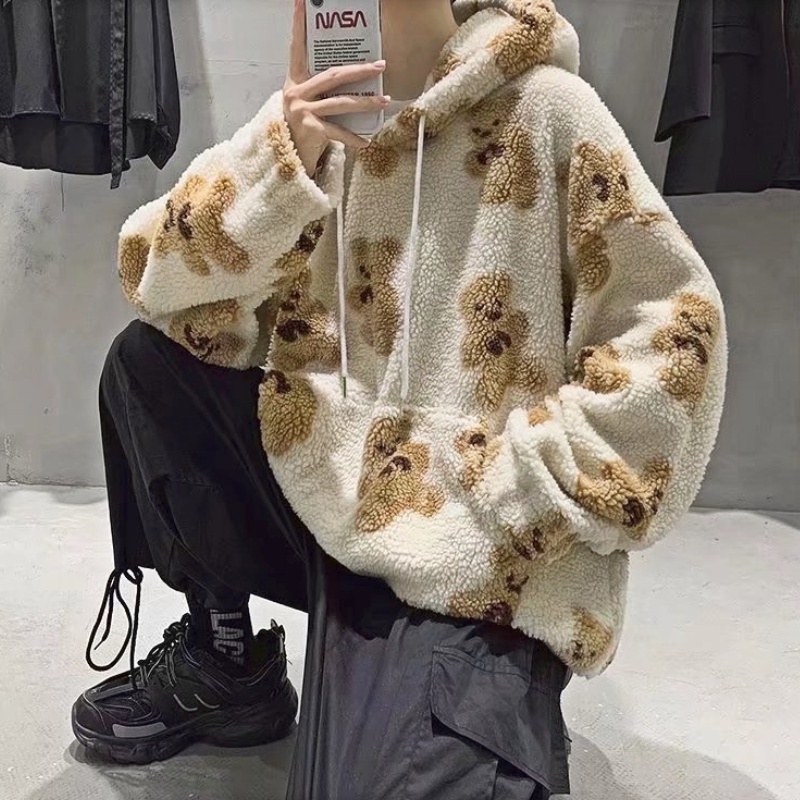 Áo Hoodie Len Lông Cừu Tay Dài Dáng Rộng In Hoạ Tiết Hoạt Hình Dành Cho Nam