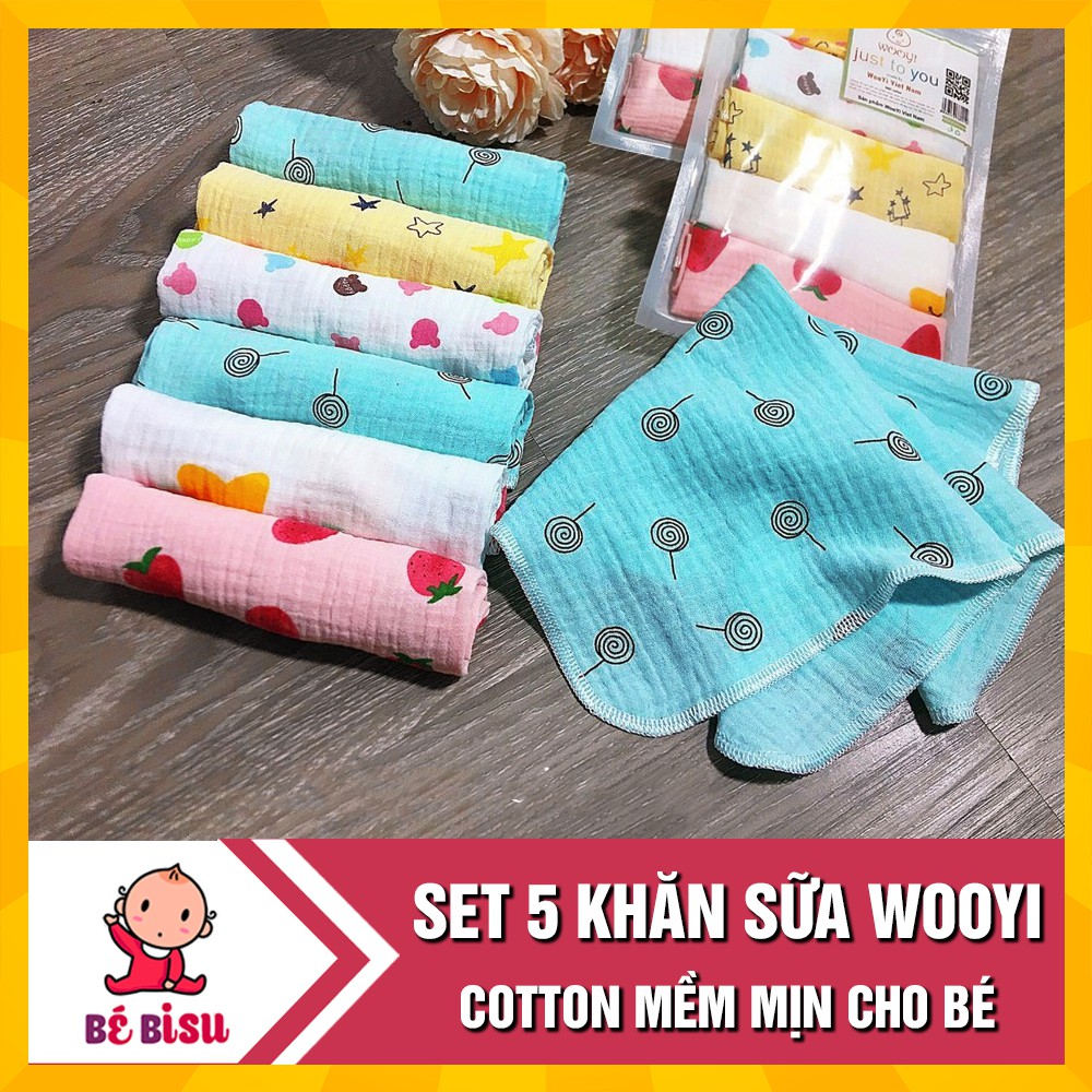 Set 5 Khăn sữa cotton Wooyi mềm mịn cho bé/ khăn lau cho bé (2 lớp)