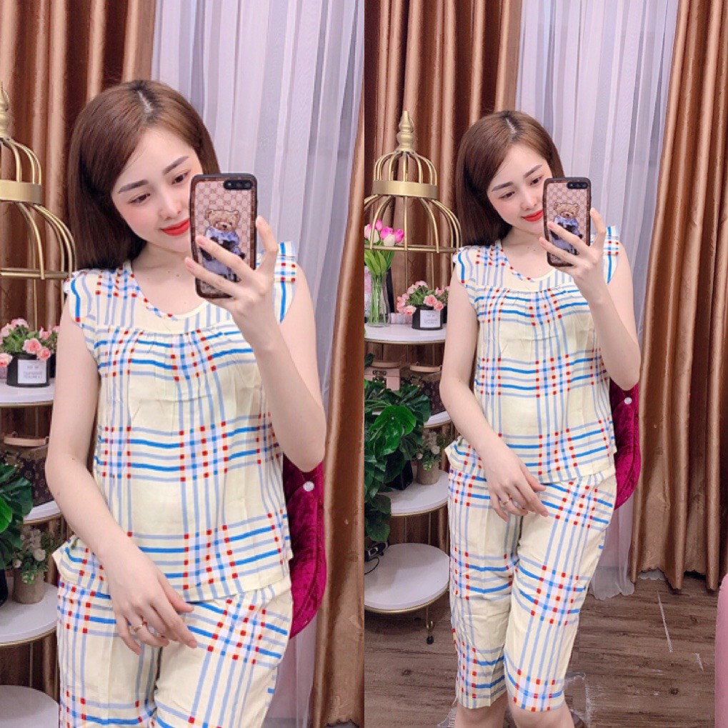 Đồ Bộ Mặc Nhà Quần Lửng Bộ Mặc Nhà Nữ Chất Tole Lanh Loại 1 Thiết Kế Sọc Caro Hot Có Size 40-75kg - TL34