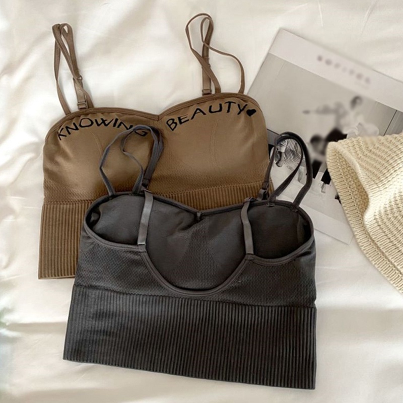 Áo Croptop Dệt Kim Không Tay In Chữ Có Mút Đệm Ngực Phong Cách Hàn Quốc Dành Cho Nữ