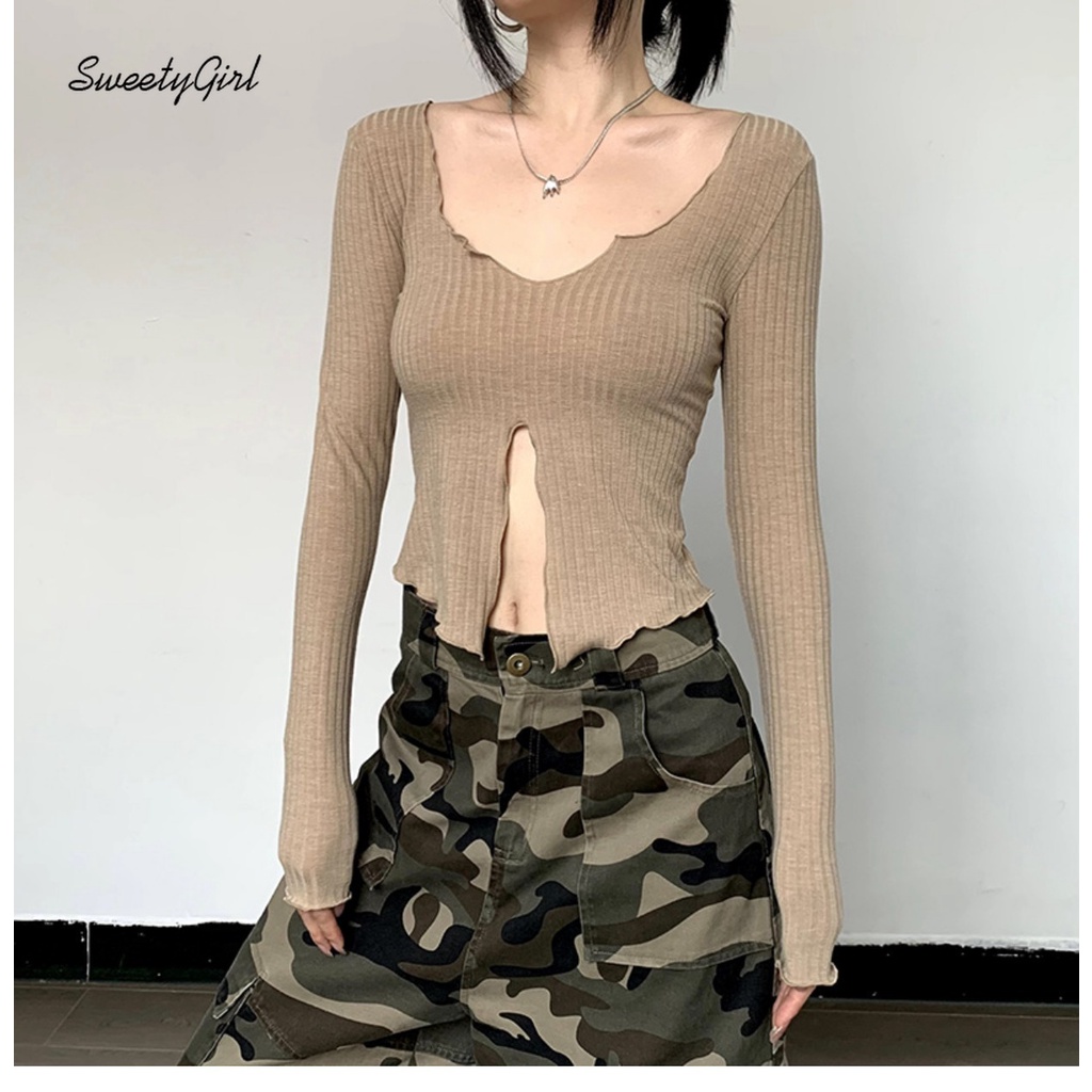 Áo Thun Tay Dài Cổ Tròn Khoét Sâu Eo Thấp Màu Trơn Thời Trang 2022 Quyến Rũ Cho Nữ