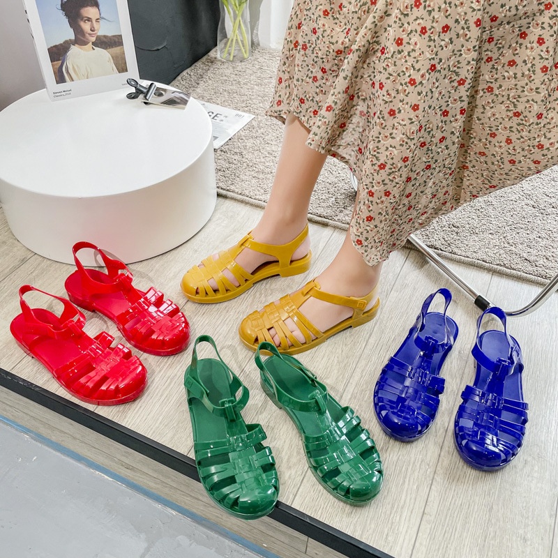 Xăng đan Nhựa Dẻo Trong Suốt Đế Bằng Chống Thấm Nước Thời Trang Retro Cho Nữ