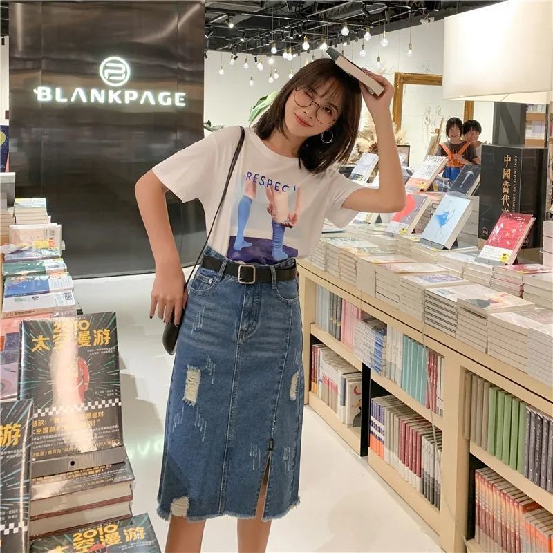 Chân váy jean Chữ A Lưng Cao Thiết Kế Xẻ Rách Thời Trang Mùa Hè Cho Nữ