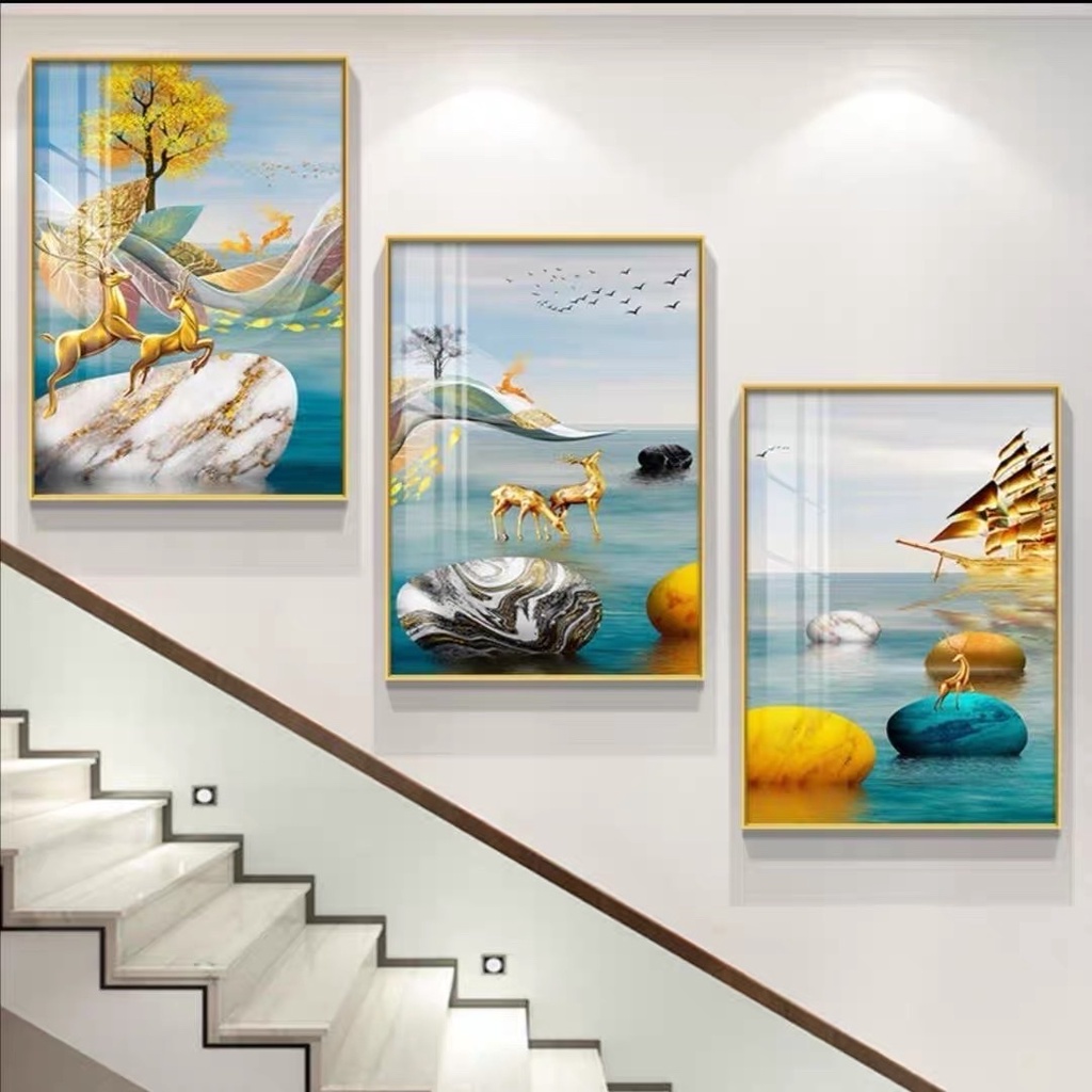 Bộ 3 Bức Tranh Treo Tường Phong Cách Hiên Đại/ Tranh Phòng Khách/ Cầu Thang /Tranh Tráng Gương Cao Cấp