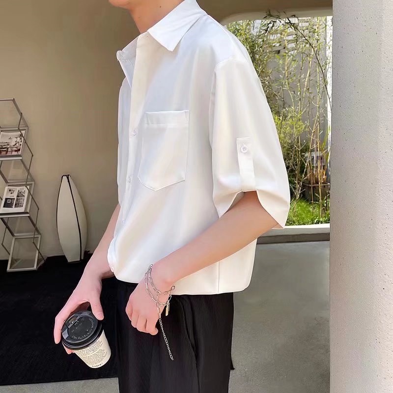 Áo Sơ Mi Mỏng Tay Ngắn Dáng Rộng Cài Nút Co Giãn Màu Trơn Thời Trang Mùa Hè Chất Lượng Cao Phong Cách Hàn Quốc Cho Nam 2022